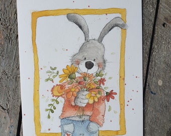 Postkarte „Hase mit Blümchen“