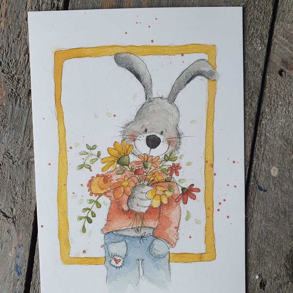 Postkarte „Hase mit Blümchen“