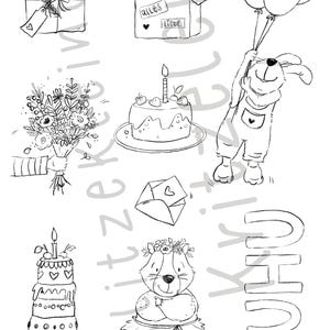 Könnte beinhalten: Schwarz-weiß-Illustrationen von Geburtstagsparty-Elementen, darunter eine Geschenkbox mit den Worten "alles liebe", ein Blumenstrauß, ein Kuchen mit einer einzigen Kerze, ein Hase, der Ballons hält, ein mehrstöckiger Kuchen und eine Katze, die eine Blumenkrone und einen Tutu trägt.