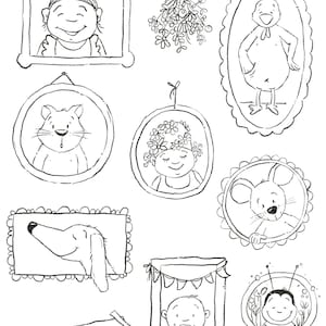 Puede incluir: Una colección de ilustraciones caprichosas en blanco y negro. Las imágenes incluyen retratos de una mujer sonriente, un gato, un perro, un bebé, un ratón, una gallina, un niño con flores y un insecto. También se incluye una ramita de muérdago y un letrero en blanco.