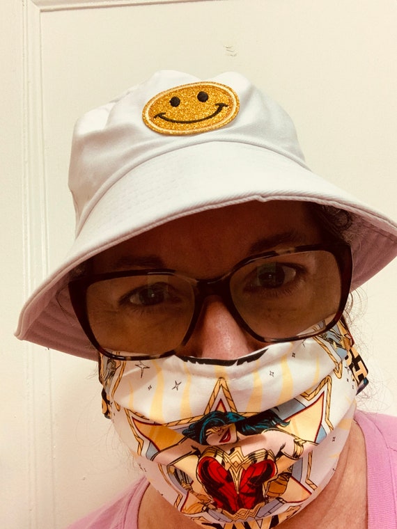 Bucket hat white cap smiley face gold patch unisex twill fun Etsy