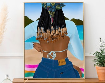 Black Girl Beach Art Print, Caribbean Woman Illustration, Tropical Afrocentric Wall Decor