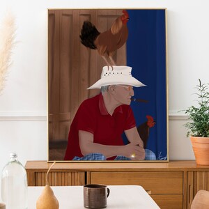 May include: A painting of a man wearing a white hat and a red shirt, sitting with a lit cigar in his mouth. A rooster is perched on his hat, and another rooster is standing behind him. The background is a blue wall.