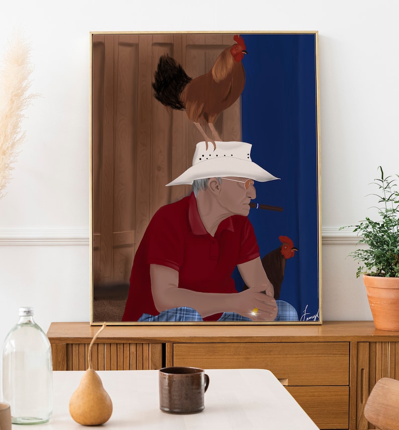 May include: A painting of a man wearing a white hat and a red shirt, sitting with a lit cigar in his mouth. A rooster is perched on his hat, and another rooster is standing behind him. The background is a blue wall.