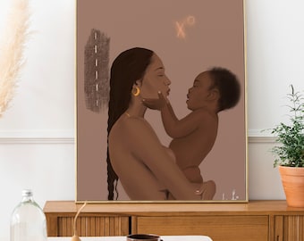 Mother and Child Wall Art Print, Gicleé Quality Art Prints, Mother and Child Nursery, Black Mother and Child Art, Gift for New Mom