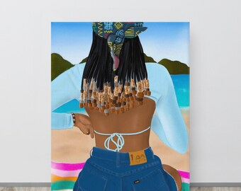 Black Girl Beach Canvas Print, Caribbean Woman Wall Art, Tropical Afrocentric Home Decor