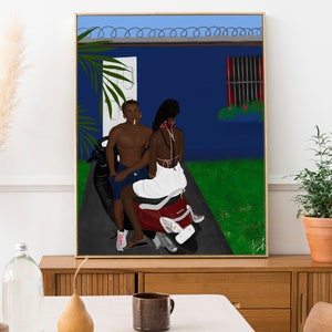 May include: A couple on a red moped in front of a blue house with a white door and a window with red bars. The man is wearing blue shorts and the woman is wearing a white dress. The moped is parked on a black driveway.