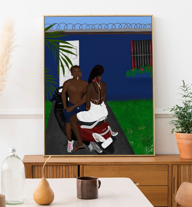 May include: A couple on a red moped in front of a blue house with a white door and a window with red bars. The man is wearing blue shorts and the woman is wearing a white dress. The moped is parked on a black driveway.