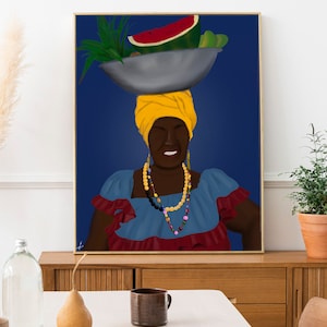 May include: A woman with a yellow headscarf and colorful beaded necklaces is smiling while carrying a bowl of fruit on her head. The fruit includes a watermelon, green peppers, and other tropical fruits. The background is a dark blue.