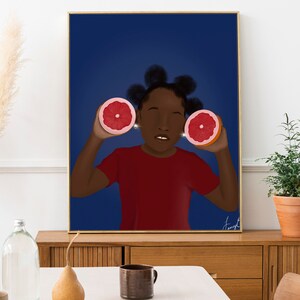 May include: A digital illustration of a young person with dark skin and short, curly hair holding two halves of a grapefruit in front of their eyes. The background is a dark blue color.