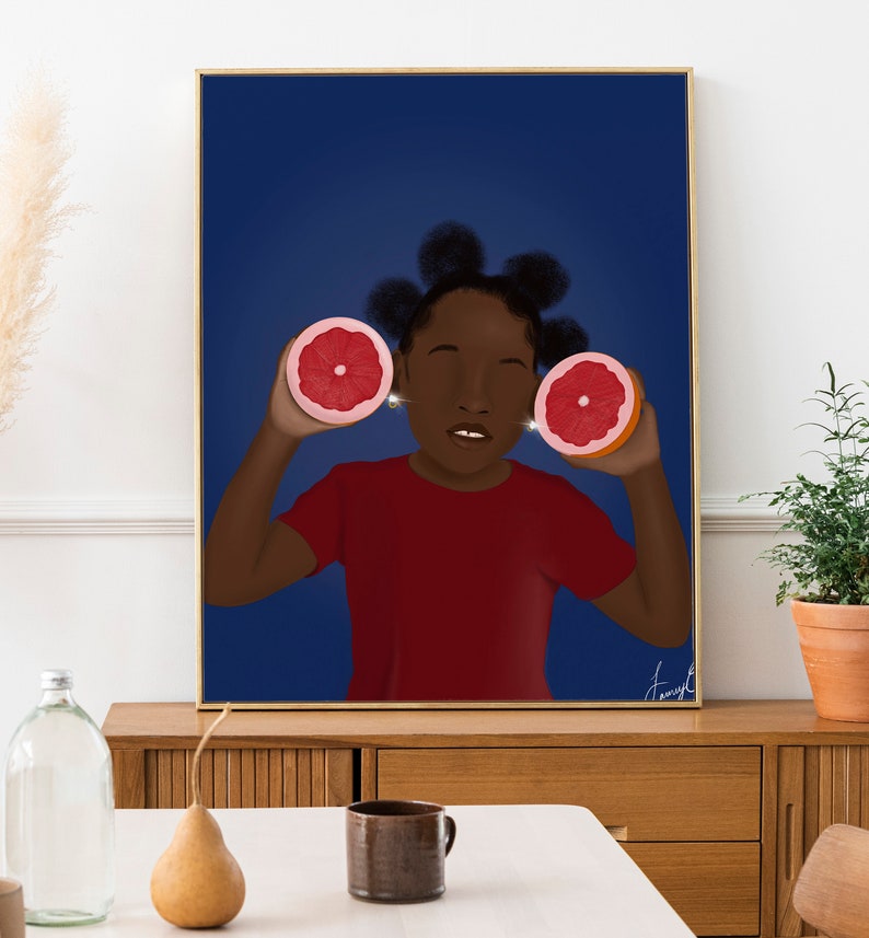 May include: A digital illustration of a young person with dark skin and short, curly hair holding two halves of a grapefruit in front of their eyes. The background is a dark blue color.