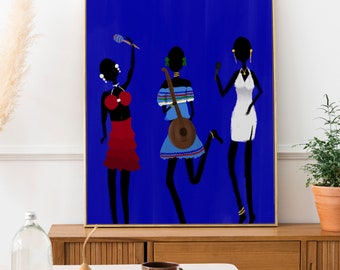 Può includere: Una stampa artistica incorniciata con tre donne in silhouette, su uno sfondo blu vibrante. Le donne indossano abiti colorati e tengono strumenti musicali, tra cui una chitarra e un maracas.