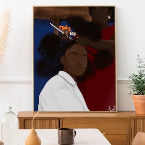 May include: A woman with dark brown skin is getting her hair styled by another woman. The woman getting her hair styled is wearing a white shirt and has a dark blue background behind her. The woman styling her hair is wearing a red shirt and has a dark brown background behind her. The sign behind them says "TRES $20".