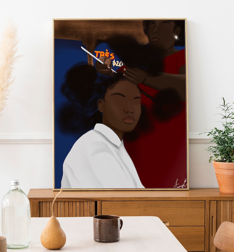 May include: A woman with dark brown skin is getting her hair styled by another woman. The woman getting her hair styled is wearing a white shirt and has a dark blue background behind her. The woman styling her hair is wearing a red shirt and has a dark brown background behind her. The sign behind them says "TRES $20".