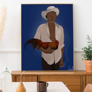 May include: A painting of a person wearing a white hat and shirt holding a rooster in their hands. The background is a dark blue color.