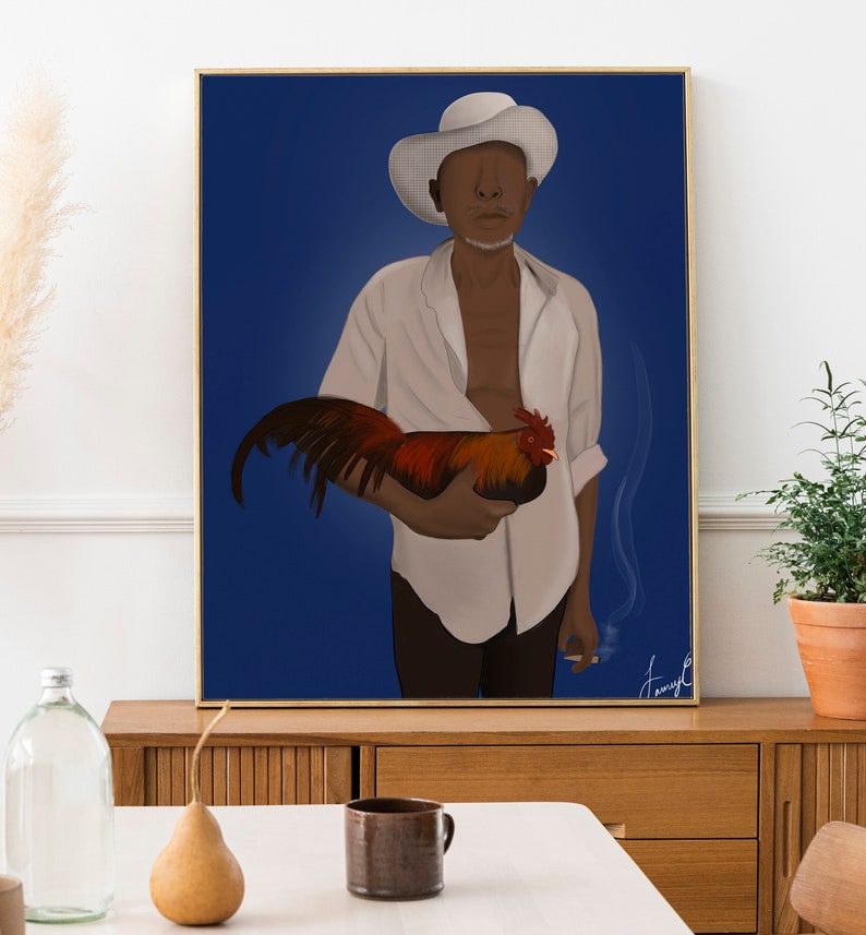 May include: A painting of a person wearing a white hat and shirt holding a rooster in their hands. The background is a dark blue color.