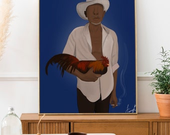 Può includere: Un dipinto di una persona che indossa un cappello e una camicia bianchi tenendo un gallo tra le mani. Lo sfondo è di colore blu scuro.