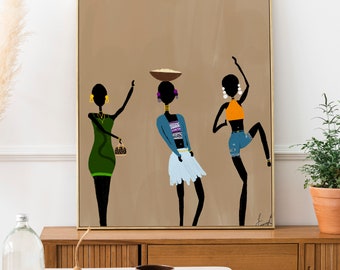 May include: A digital painting of three women in silhouette, with brown skin, wearing colorful clothing and accessories. The women are standing in front of a brown background. The woman on the left is wearing a green dress and holding a brown purse. The woman in the middle is wearing a blue sweater and a white skirt. The woman on the right is wearing a yellow top and blue denim shorts. The women are all smiling and appear to be dancing.