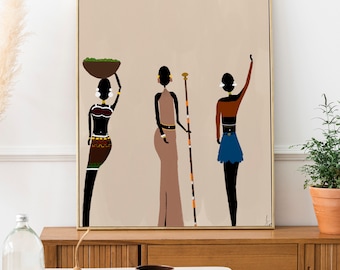 May include: A framed abstract painting featuring three stylized figures of women in a beige background. The women are depicted in black silhouettes with colorful accents. One woman carries a basket of fruit on her head, another holds a long staff, and the third raises her arm in the air.