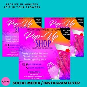 pop up shop flyer template, sip and shop, boutique event flyer, pink social media flyer, diy pop up boutique, instagram grand opening flyer