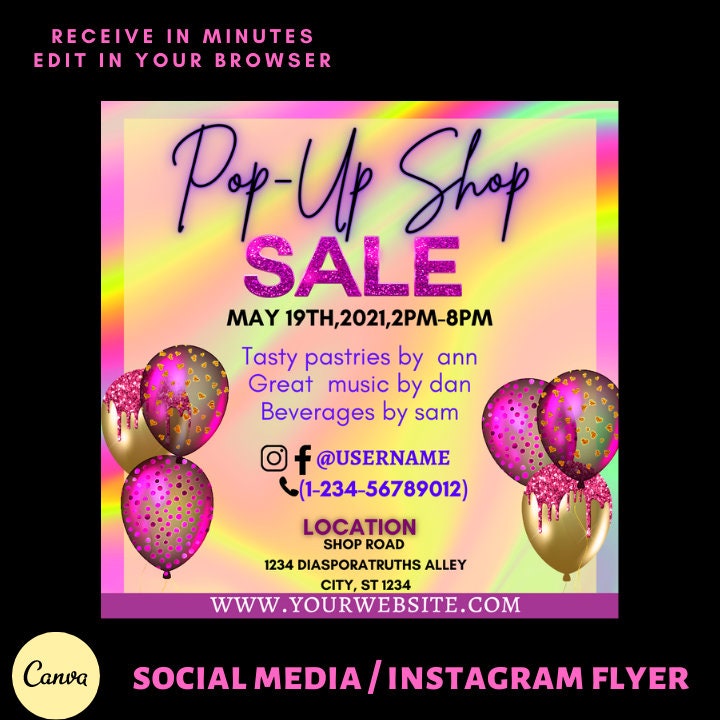 Pop up Shop Flyer Template, Instagram Hair Flyer, Give Away Flyer, Pink ...