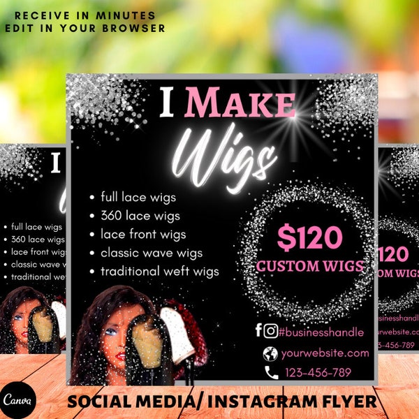 Social Media Wig Flyer, wig flyer template, custom wig flyer, wig pricelist template, wig maker flyer, hair pricing flyer, wig class flyer
