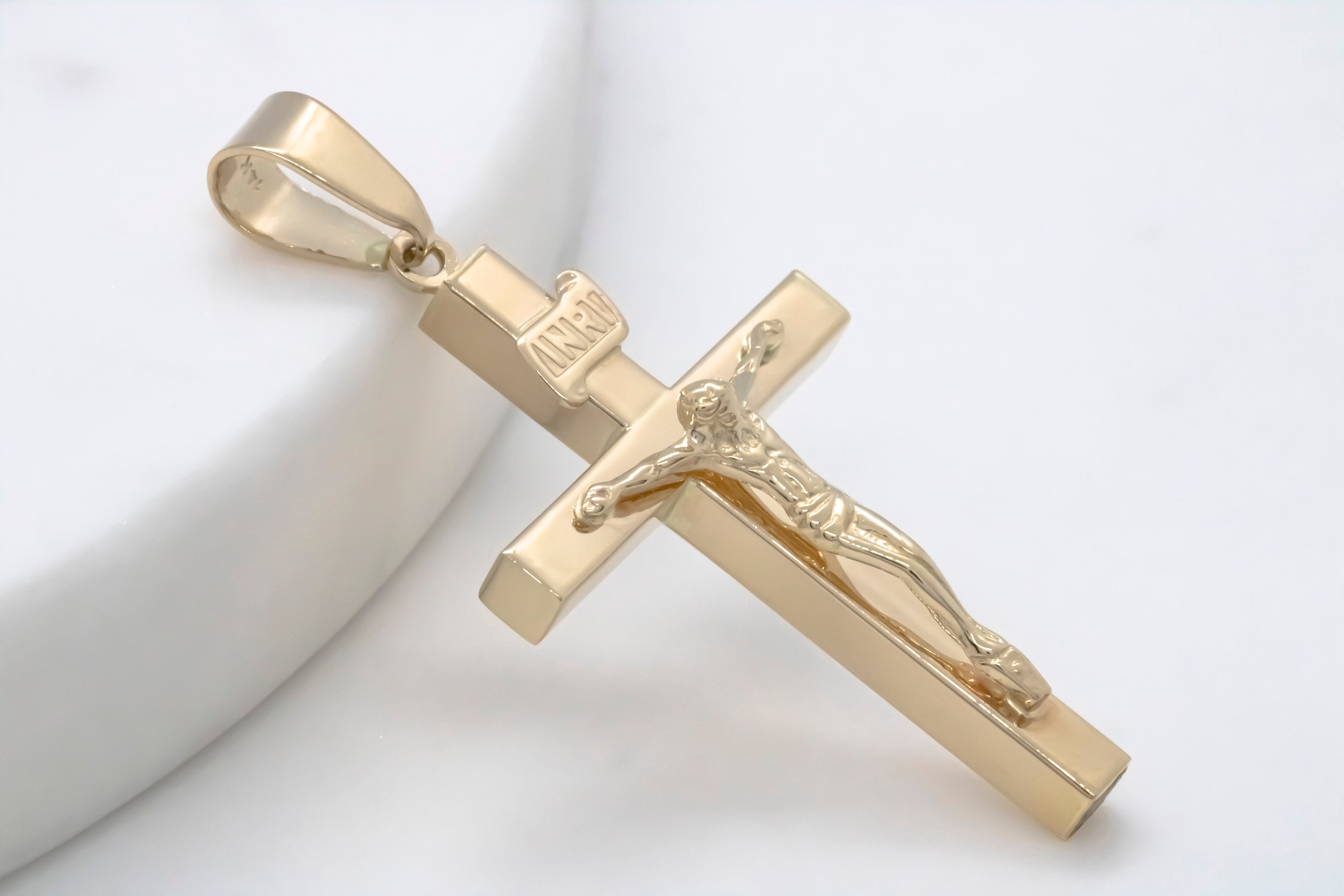 14k Gold Over Real Solid 925 Silver Cross Jesus Piece 4 Sizes Mens Ladies  ITALY
