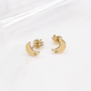 14 karat yellow gold tiny CZ moon stud earrings