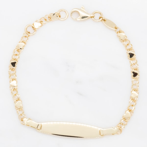 14 karat yellow gold engravable baby ID bracelet with tiny hearts