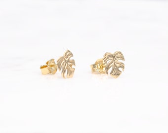 14 karat yellow gold monstera leaf stud earrings