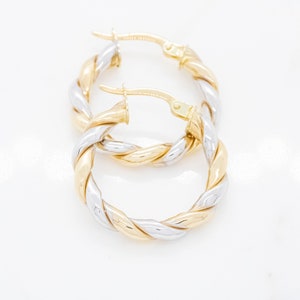 14 karat yellow white gold twist hoop earrings