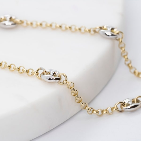 14 karat yellow white gold puffy mariner links with rolo chain anklet