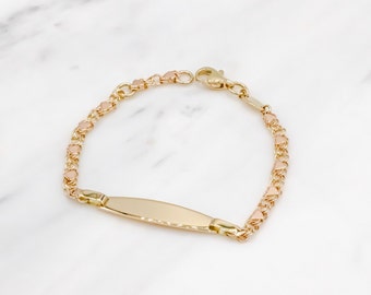 14 karat yellow gold engravable baby ID bracelet with tiny rose gold hearts