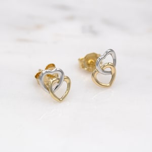 14 karat yellow white gold double heart stud earrings