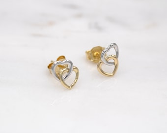 14 karat yellow white gold double heart stud earrings