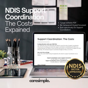 May include: A laptop computer screen displays a document titled "Support Coordination: The Costs." The document explains funding allocation for support coordination within the NDIS plan. The document also lists the rates for support coordination services. The laptop is sitting on a desk with a jar of pencils and a tablet computer.