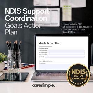 May include: A laptop computer displaying a printable NDIS Goals Action Plan form. The form includes sections for customer details, NDIS plan dates, action plan date, written by, plan and goals summary, and core supports. The laptop is on a desk with a jar of pencils and a tablet computer. The image also includes the text "NDIS Sector Approved" with a star rating.