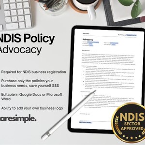 May include: A digital tablet displays an "Advocacy" document with the text "NDIS Policy Advocacy." The image includes a keyboard, a coffee cup, and a pen. A gold seal reads "NDIS Sector Approved."