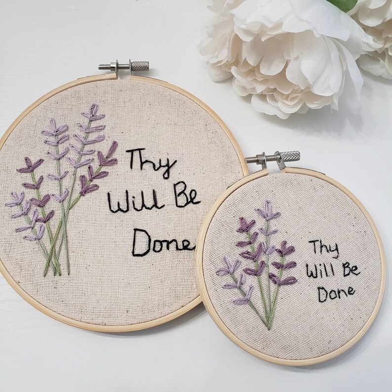 Thy will be done, hand embroidery, Christian decor, Our Father, Floral embroidery, prayer decor image 3