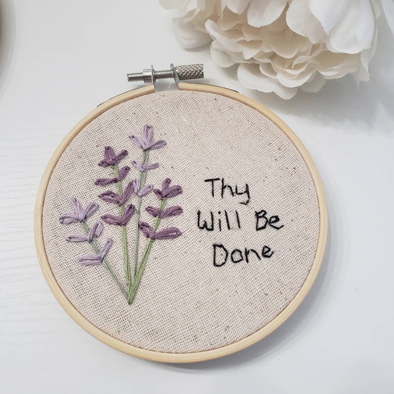 Thy will be done, hand embroidery, Christian decor, Our Father, Floral embroidery, prayer decor image 2