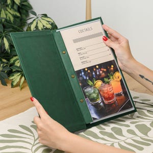 Soft Touch Faux Leather Menu Cover with 8 Plastic Menu Sleeves, Hidden V-Mount Menu Holder, Sheet Protectors, Custom Logo Deboss