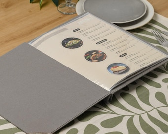 Fabric Menu Cover with 8 Plastic Menu Sleeves, Screw Post Menu Holder with Sheet Protectors, Custom Logo Print, Wine List Cover