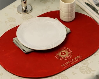 Leather Placemat for Restaurant Tables | Genuine Capri Leather Oval Placemat with Custom Logo Embossing | Cafe Bar Hotel Setting