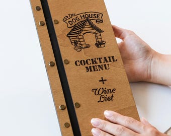 Cocktail and Wine Menu Cover for Bar, Wooden Drink Menu Folder, Custom Wine List Holder for Restaurant, Cafe Cocktail Bar