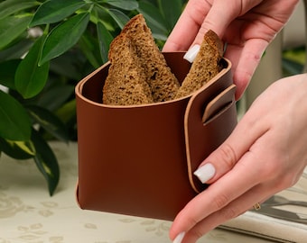 Leather Bread Basket with Handles for Restaurant | Genuine Capri Leather Rectangular Bread Server | Cafe Bar Hotel Table Carrier
