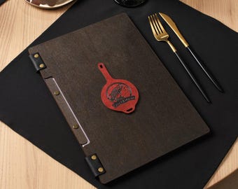Dark Walnut Menu Cover with 3D Logo Emblem: Custom Engraved Screw Post Folder