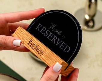 Arched Reserved Sign for Restaurant Tables | Wood Base Holder with Black Acrylic Engraved Dome | Modern Cafe Bar Hotel Marker