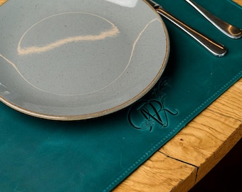 Set of 6 Leather Placemats, Genuine Leather Restaurant Placemats, Custom Logo Embossing, Round Dining Set