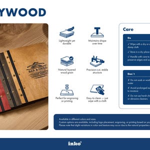 Plywood material spec sheet with technical details on thickness, weight, grain type, and durability. Small product photo. Navy footer. Standard material reference document. The grey stone texture on the Mori cover is a surface material applied over a plywood core — understanding what the core is made from helps buyers assess how the cover will hold up to daily use. The plywood keeps it rigid and flat; the stone texture gives it the visual and tactile identity.