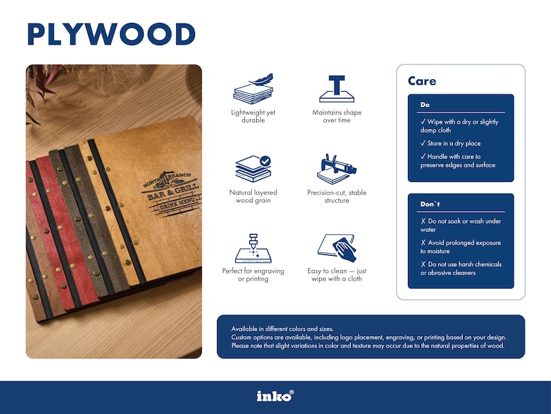 Plywood material spec sheet with technical details on thickness, weight, grain type, and durability. Small product photo. Navy footer. Standard material reference document. The grey stone texture on the Mori cover is a surface material applied over a plywood core — understanding what the core is made from helps buyers assess how the cover will hold up to daily use. The plywood keeps it rigid and flat; the stone texture gives it the visual and tactile identity.